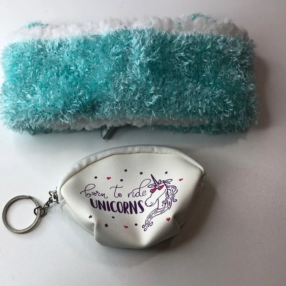 Plush unicorn headband or sleep mask and unicorn coin purse with zipper